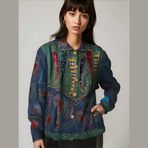 Vintage Jean Jacket Wearable Art Embroidered Denim & Silk Jacket Abstract Art